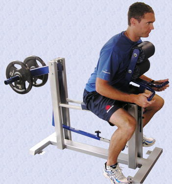 Finishing position for the MyoQuip MyoHinge strength machine in flexion mode, targetting the iliopsoas